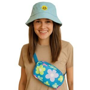 Smiley Bucket Hat And Waist Pack Womens Blue Floral Emoji Beach Travel Gift‎ NEW